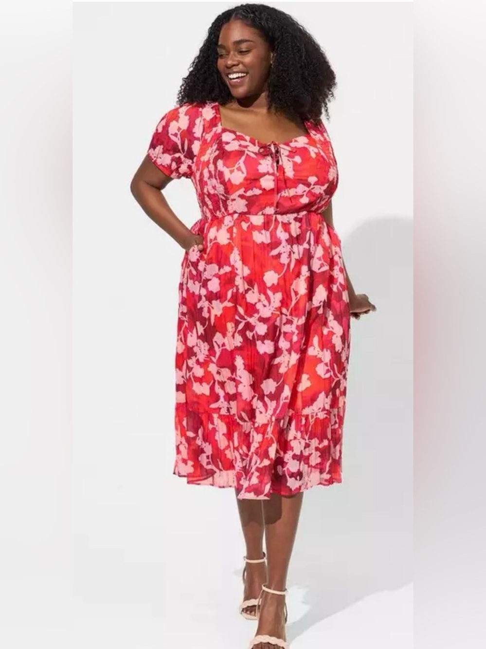 Torrid Red Floral Midi Cotton Clip Dot Lace Up Smocked Summer Dress